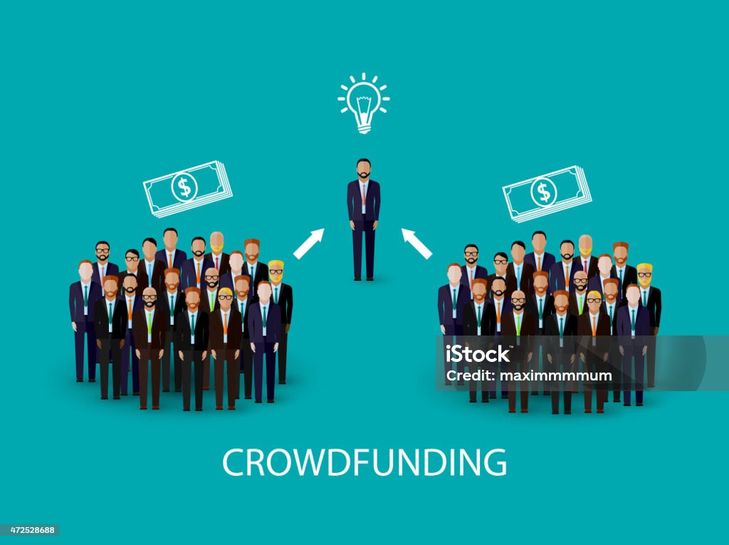 Flat vector illustration of infographic crowdfunding concept vector flat illustration of an infographic crowdfunding concept. a group of business men wearing suits and ties. Crowdfunding stock vector