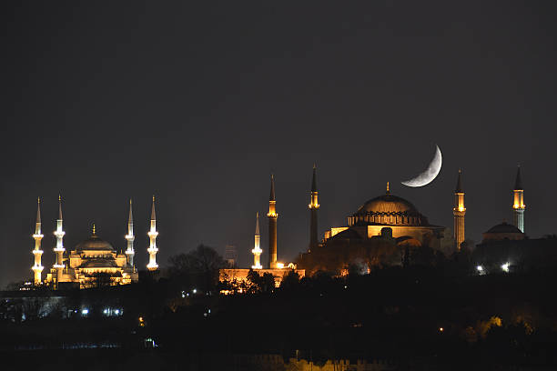 Crescent and Hagia Sophia 04.23.2015 - İstanbul Turkey byzantine photos stock pictures, royalty-free photos & images