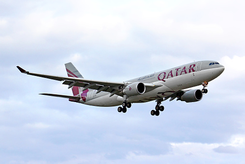 Berlin, Germany - August 17, 2014: Qatar Airways Airbus A330 arrives at the Tegel International Airport.