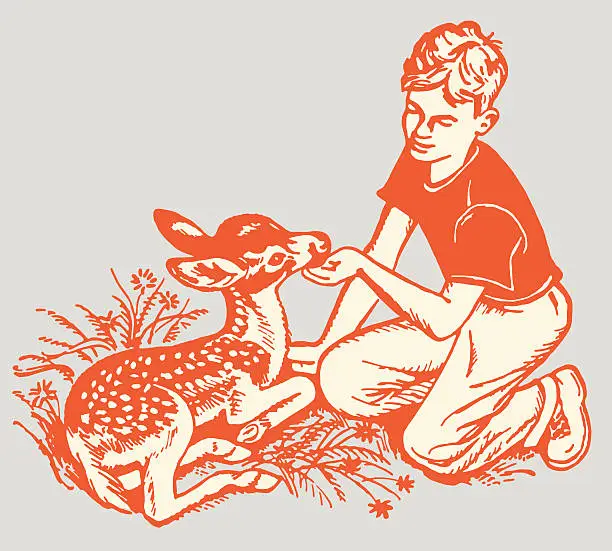 Vector illustration of Boy Feeding Fawn