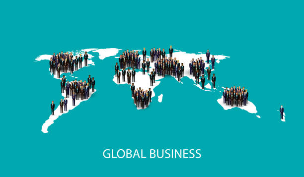 istock illustration of business people standing on the world global map 472534716