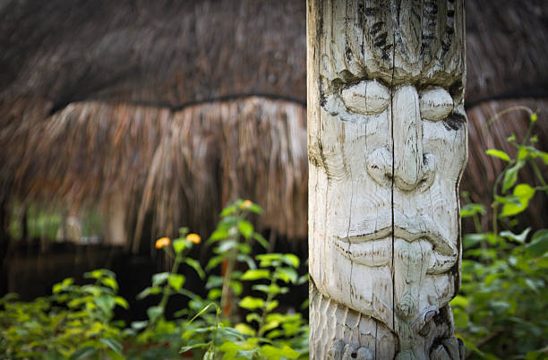 Exotic Wooden Totem Exotic wooden hand crafted totem in the bushes pacific northwest totem poles stock pictures, royalty-free photos & images