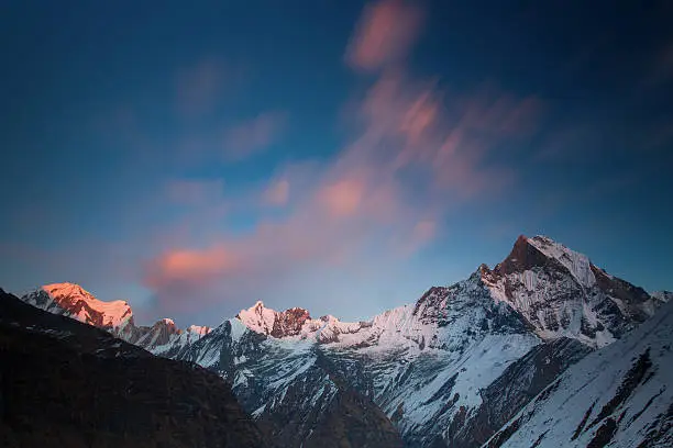 View of Annapurna I from Annapurna Base Camp Himalaya Mountains in Nepal at sunrise