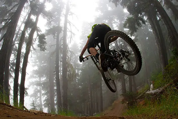 A male mountain bike rider hits a jump on a trail in a forest on a foggy day. 