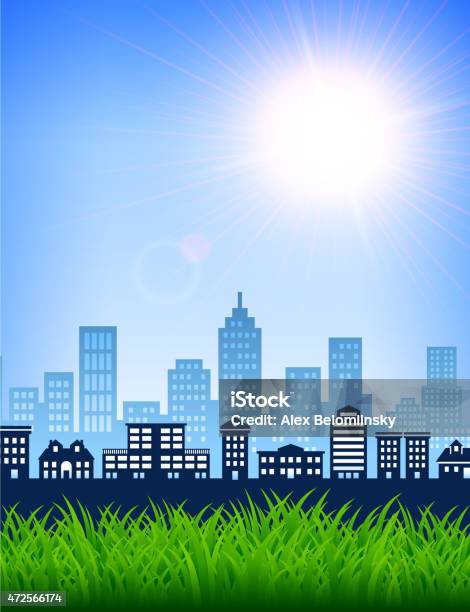 City Skyline Summer Day With Blue Sky And Grass Background Stock Illustration - Download Image Now