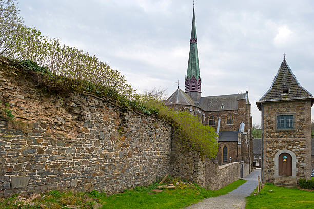 Abbey church under a cloudy sky in spring