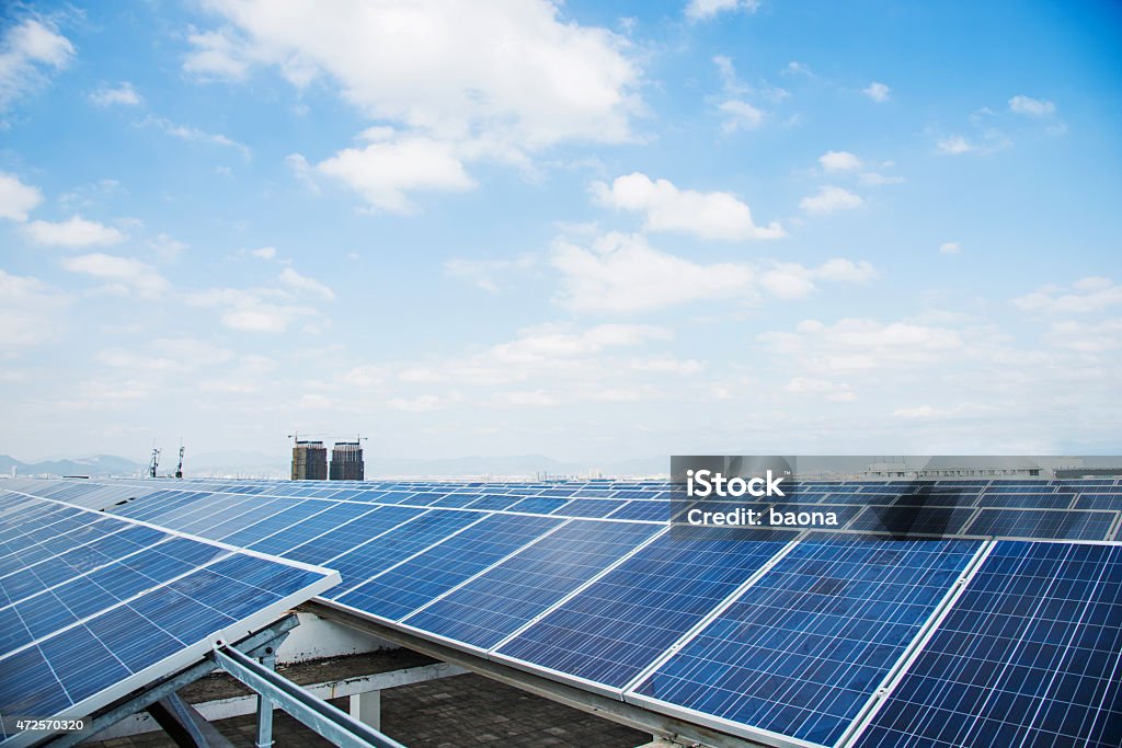 solar panels Group of solar panels against blue sky. 2015 Stock Photo