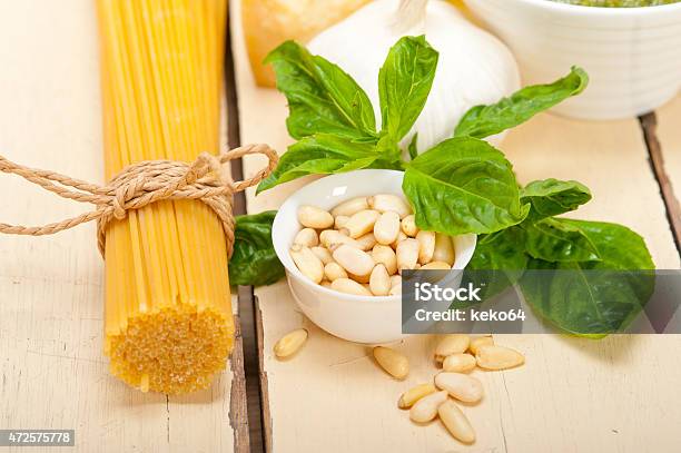 Italian Traditional Basil Pesto Pasta Ingredients Stock Photo - Download Image Now - 2015, Basil, Cheese