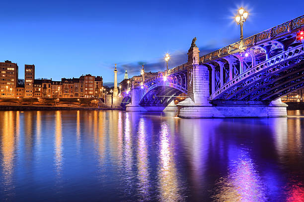 Pont de Fragnee by night, green. stock photo