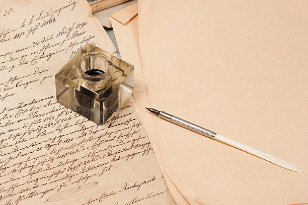 istock Vintage background with old paper, old ink pen, handwrite letter 472579974