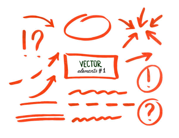 Set of correction and highlight elements, part 1 Set of correction and highlight elements, part 1. Circles, arrows, lines etc. Hand drawn with marker pen. Vector illustration. highlighter stock illustrations