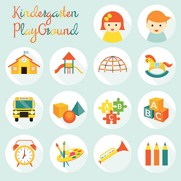 Kindergarten, Preschool, Objects Icons Set Kindergarten, Preschool, Kids, Education, Learning and Study Concept preschool building stock illustrations