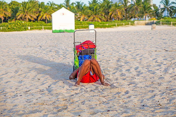 Miami, USA - August 20, 2014: man relaxes at the beach at late afternoon in Miami, USA. South beach is the most famous beach in florida.