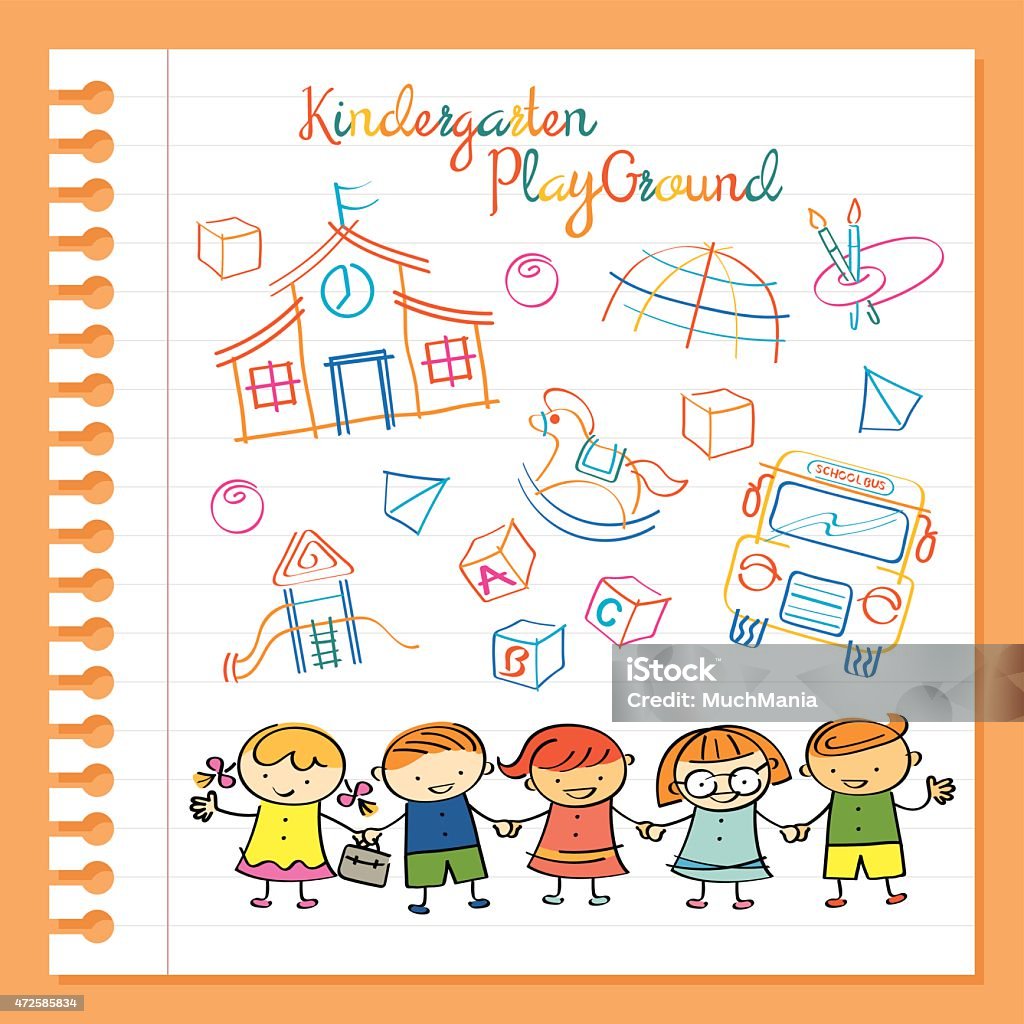 Kindergarten, Kids Characters and Playground Set Magic Marker Drawing Style on Paper, Preschool, Kids, Education, Learning and Study Concept 2015 stock vector