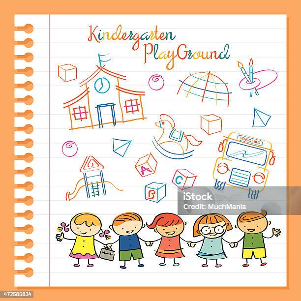 Kindergarten Kids Characters And Playground Set Stock Illustration - Download Image Now - 2015, Alphabet, Art