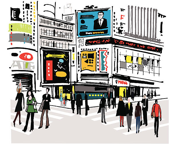 Vector illustration of pedestrians at Times Square, New York Pen and ink style drawing of buildings, neon signs and pedestrians at Times Square, New York.  A hand drawn casual art technique.  times square stock illustrations