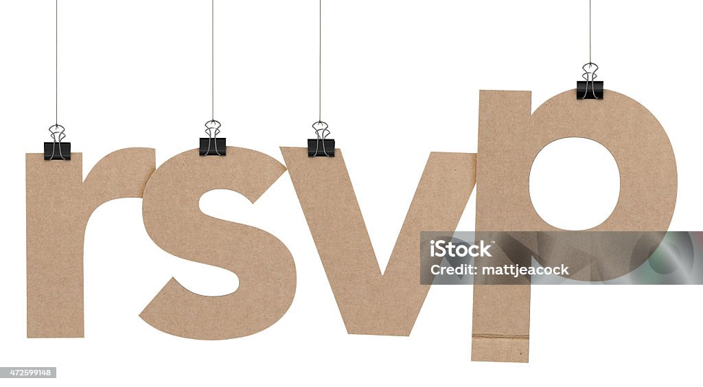 rsvp word hanging on strings A  3D representation of the word rsvp hanging on a plain white background. The word is hanging from binder paper clips that are attached to a piece of string. The letters have a cardboard texture. The background is pure white. RSVP Stock Photo
