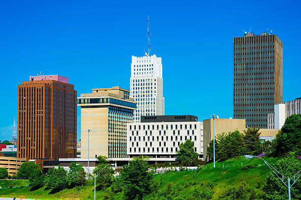 Akron downtown skyline closeup Akron downtown skyline buildings closeup, including the art deco FirstMerit Tower. akron ohio stock pictures, royalty-free photos & images