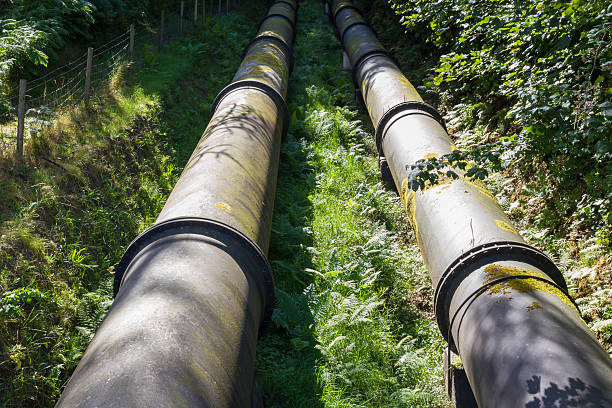 istock Two large black water pipes, converging in distance. 472604500