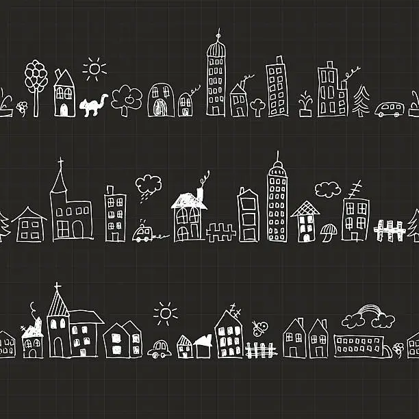 Vector illustration of Doodles of cityscape on gray graph