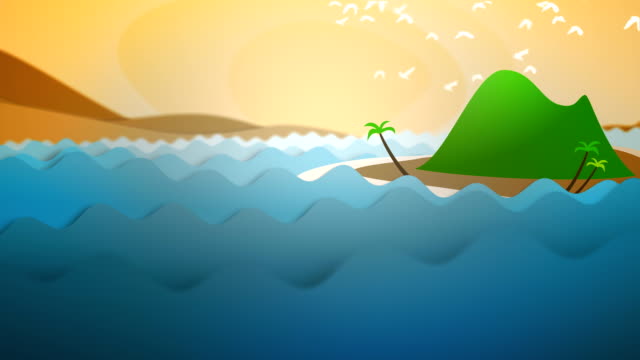 Cartoon Animated Ocean Waves and Island at Sunset with Birds
