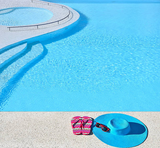istock Sunhat with sunglasses and flip-flops beside the swimming pool 472610394