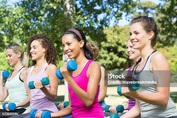 Fitness Group Lifting Hand Weights In Park Stock Photo - Download Image Now - 20-24 Years, 20-29 Years, 2015