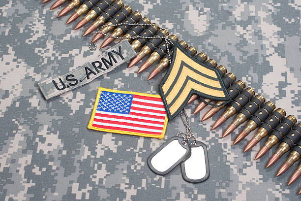 istock US ARMY concept - camouflage background with US flag 472612794