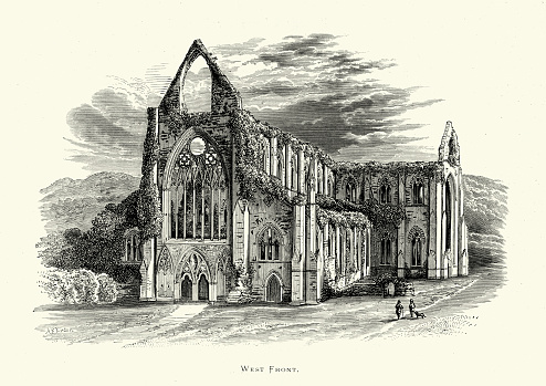 Vintage engraving of the West Front of Tintern Abbey, founded by Walter de Clare, Lord of Chepstow, on 9 May 1131. It is situated in the village of Tintern in Monmouthshire, on the Welsh bank of the River Wye which forms the border between Monmouthshire in Wales and Gloucestershire in England. It was only the second Cistercian foundation in Britain, and the first in Wales.