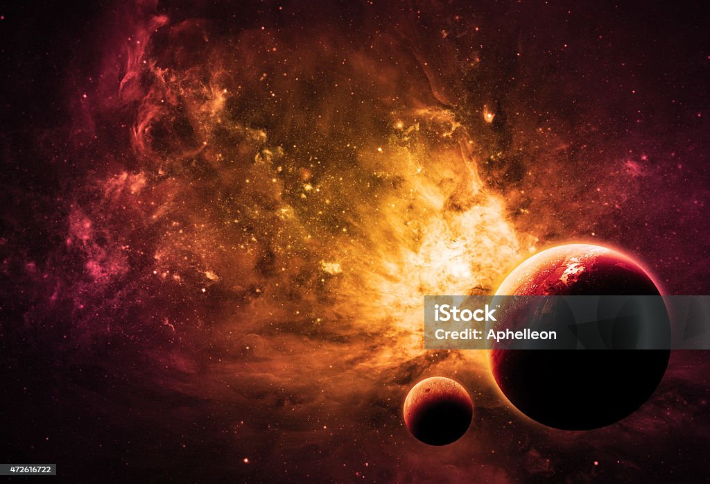 NASA furnished image of what alien worlds would look like An alien world hangs in front of a backdrop of stars and nebular gases. Outer Space Stock Photo