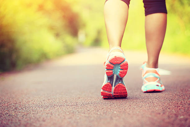 jovem fitness mulher corredor/pernas na floresta trilha para caminhada - walking shoe human foot footpath - fotografias e filmes do acervo