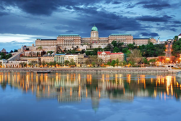 palazzo reale di budapest, in ungheria con riflessione - royal palace of buda immagine foto e immagini stock
