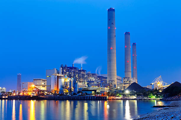 석탄 발전소 및 숙박 blue sky - global warming power station smoke stack coal 뉴스 사진 이미지