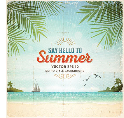 Tropical summer vacation retro background with tranquil sea, white sand beach, islands, palm trees, palm leaves,sail boat and text.File is layered with global colors.Only gradients and blur(clouds) used.Hi res jpeg without text included.More works like this linked below.