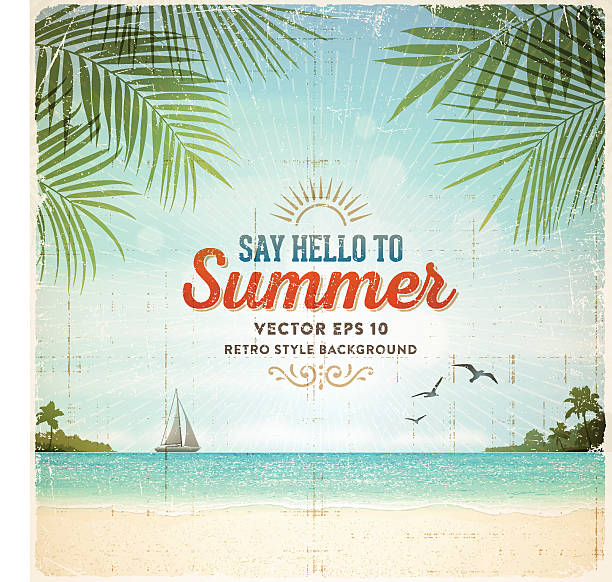 Retro Summer Holiday Poster Background Tropical summer vacation retro background with tranquil sea, white sand beach, islands, palm trees, palm leaves,sail boat and text.File is layered with global colors.Only gradients and blur(clouds) used.Hi res jpeg without text included.More works like this linked below. summer beach stock illustrations