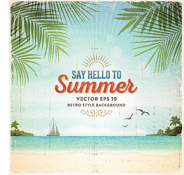 Retro Summer Holiday Poster Background Tropical summer vacation retro background with tranquil sea, white sand beach, islands, palm trees, palm leaves,sail boat and text.File is layered with global colors.Only gradients and blur(clouds) used.Hi res jpeg without text included.More works like this linked below. beach background stock illustrations