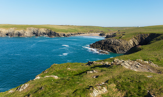 Porth Joke beach next to Crantock bay Cornwall England UK near Newquay and on South West Coast Path also known as Polly Joke in spring with blue sea and sky