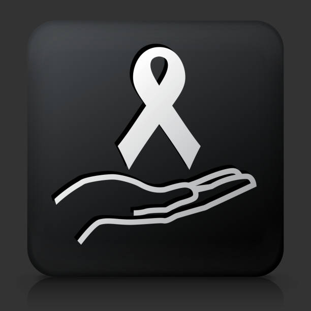 ブラックのスクエアボタンにリボン&手のアイコン - breast cancer breast cancer awareness ribbon social awareness symbol human hand点のイラスト素材／クリップアート素材／マンガ素材／アイコン素材