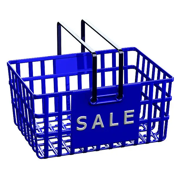 Blue shopping basket with word sale, isolated on white background. 3D render.
