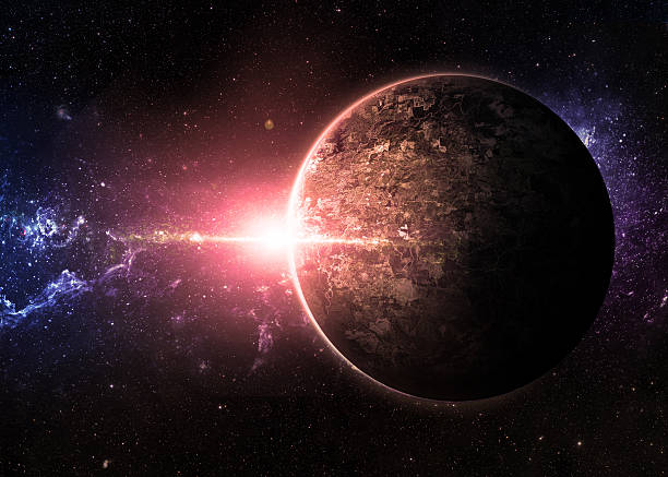 istock An alien planet in space with purple and blue elements 472655810