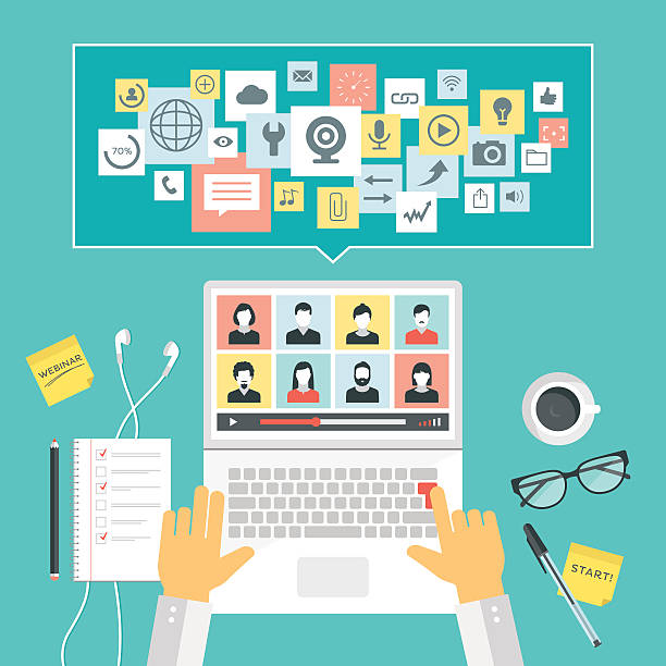 Webinar Easily editable flat vector illustration with layers. typing on computer keyboard stock illustrations