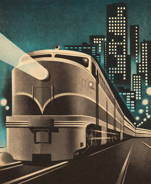 ilustraciones, imágenes clip art, dibujos animados e iconos de stock de tren salga de la ciudad - urban scene railroad track train futuristic