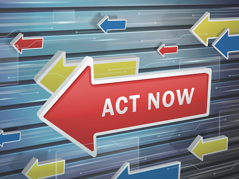 moving red arrow of act now words on abstract high-tech background