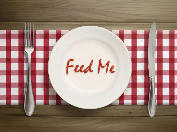 Vector illustration of feed me written by ketchup on a plate
