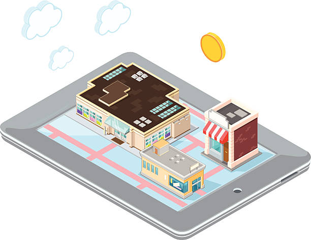 illustrations, cliparts, dessins animés et icônes de shopping avec une tablette pc internet - warehouse store retail shopping