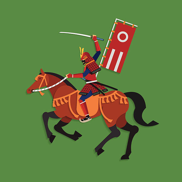 ilustraciones, imágenes clip art, dibujos animados e iconos de stock de guerrero de samurai caballo de equitación con espada, ilustración vectorial - green background color image people animal