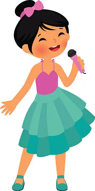 Vector illustration of Asian little girl singing hold the microphone