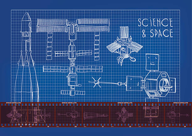 Outline satellites in blue paper and microfilm Illustration depicting satellites. Satellites and rockets drawn on blue paper. The figure also shows the microfilm with the image of the spacecraft. Background lined by a cell. All items are grouped separately, it makes it easy to change the color and composition of the picture. rocketship patterns stock illustrations