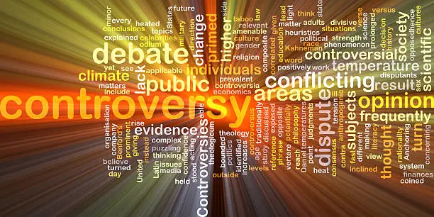 Background text pattern concept wordcloud illustration of controversy glowing light