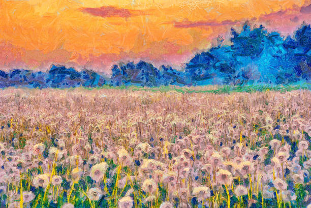 Summer meadow blow balls landscape painting Summer meadow blow balls landscape painting impressionism photos stock pictures, royalty-free photos & images